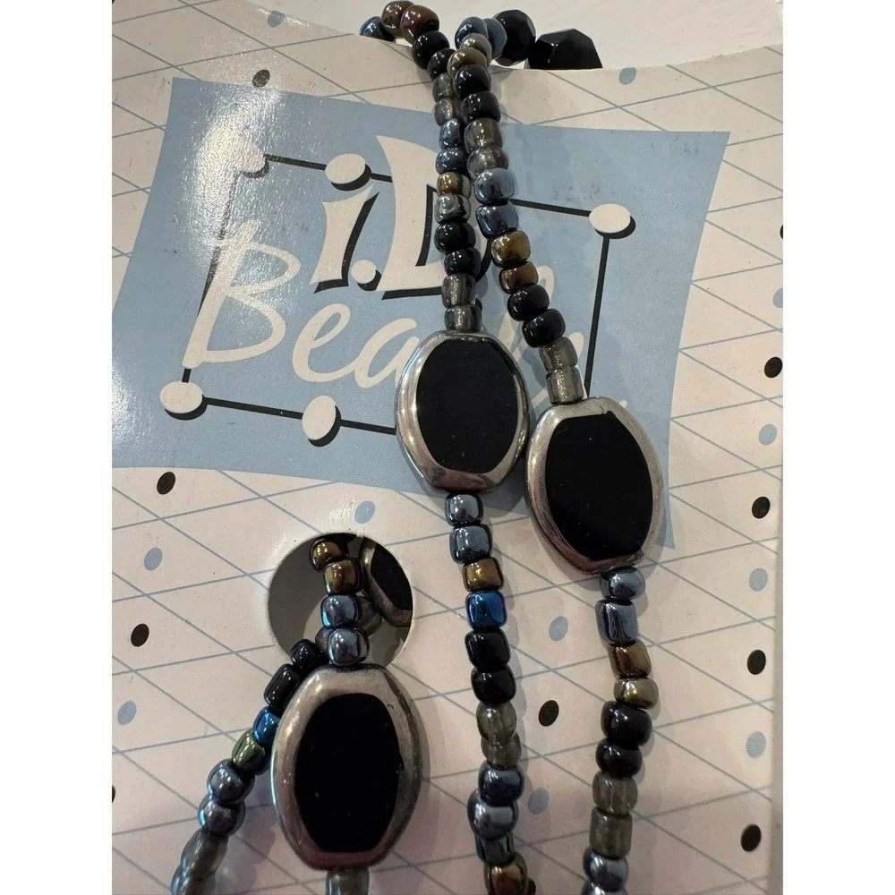 i.D. Beads Scholastic Black Silver Iridescent Beaded Lanyard ID Badge Holder